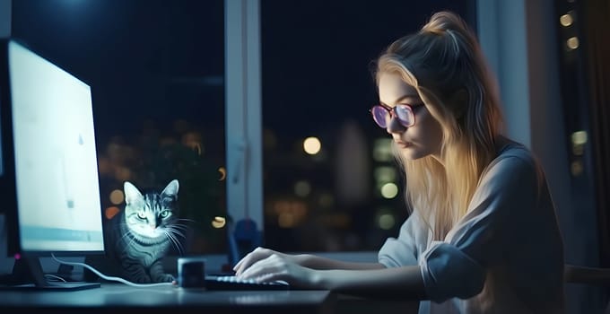 blonde caucasian girl using computer sitting at working table with her cat in home office at night. Neural network generated in May 2023. Not based on any actual person, scene or pattern.