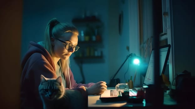 blonde caucasian girl using laptop sitting at working table with her cat in domestic room or office at evening. Neural network generated in May 2023. Not based on any actual person, scene or pattern.