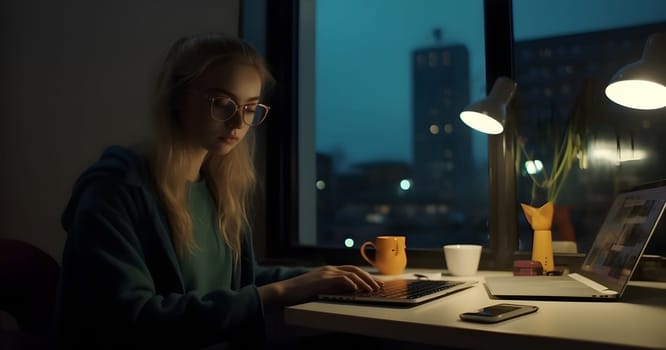 blonde caucasian girl using laptop sitting at working table in her home office at early night. Neural network generated in May 2023. Not based on any actual person, scene or pattern.