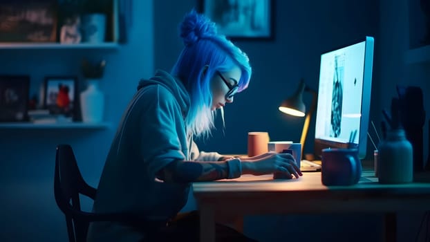 blue-haired caucasian girl using computer sitting at home office at evening. Neural network generated in May 2023. Not based on any actual person, scene or pattern.