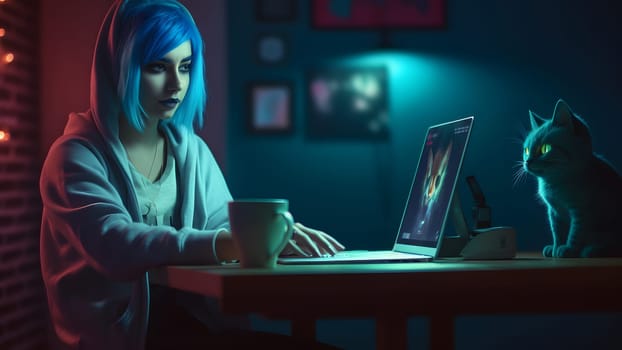 blue-haired caucasian girl using laptop on table computer at home office with her cat at evening. Neural network generated in May 2023. Not based on any actual person or scene.
