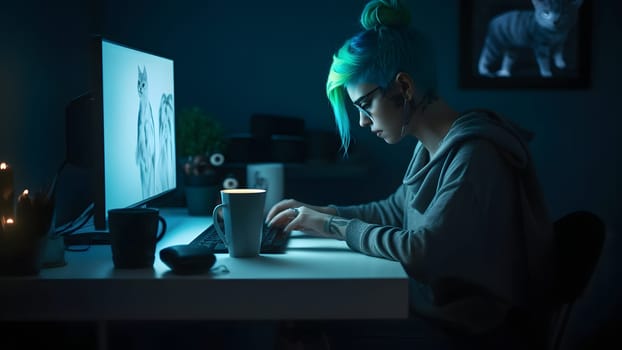 blue-haired caucasian girl using computer sitting at home office at evening. Neural network generated in May 2023. Not based on any actual person, scene or pattern.