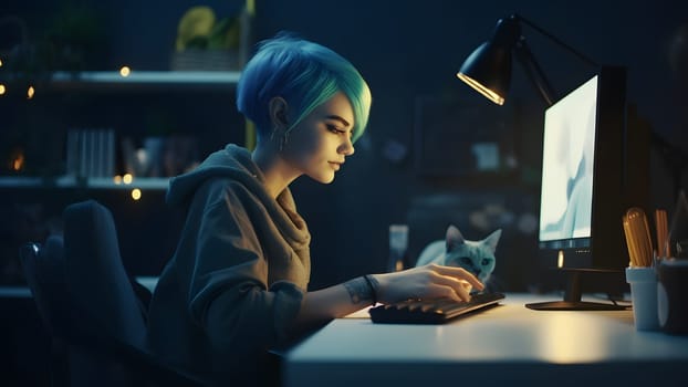 blue-haired caucasian girl using computer sitting at home office at night. Neural network generated in May 2023. Not based on any actual person, scene or pattern.