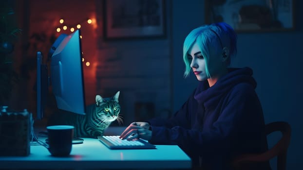 blue-haired caucasian girl using computer sitting at home office at night. Neural network generated in May 2023. Not based on any actual person, scene or pattern.