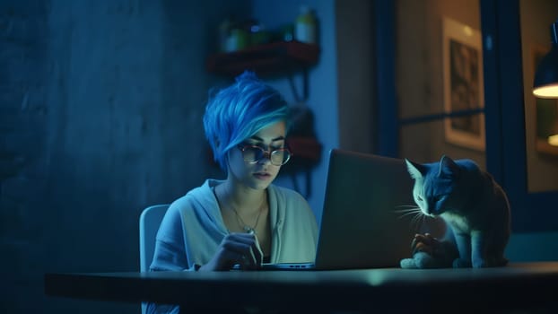 blue-haired caucasian girl using laptop computer sitting at home office at evening. Neural network generated in May 2023. Not based on any actual person, scene or pattern.