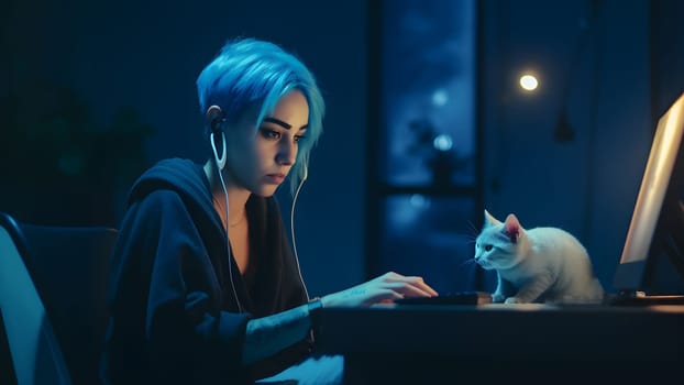 blue-haired caucasian girl using computer sitting at home office at evening. Neural network generated in May 2023. Not based on any actual person, scene or pattern.