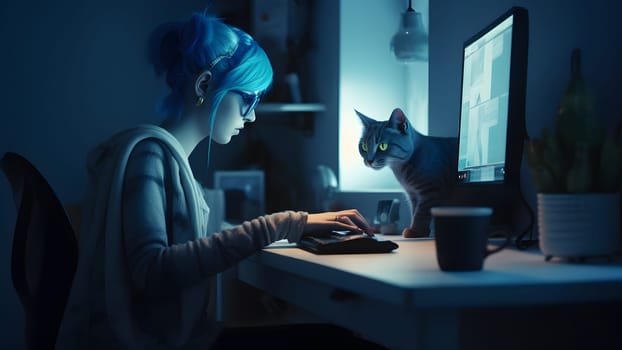 blue-haired caucasian girl using computer sitting at home office at evening. Neural network generated in May 2023. Not based on any actual person, scene or pattern.