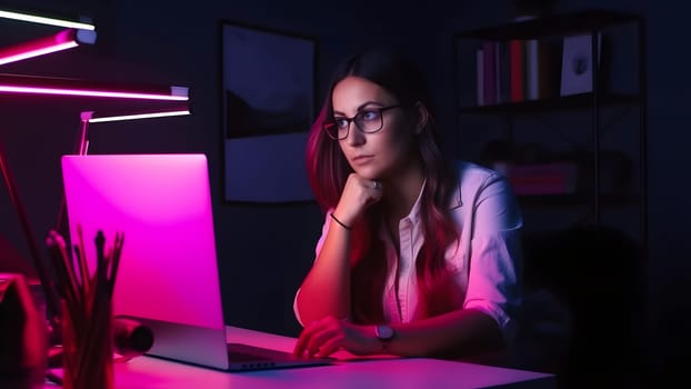 designer girl sitting at the table in front of laptop in home office at evening. Neural network generated in May 2023. Not based on any actual person, scene or pattern.