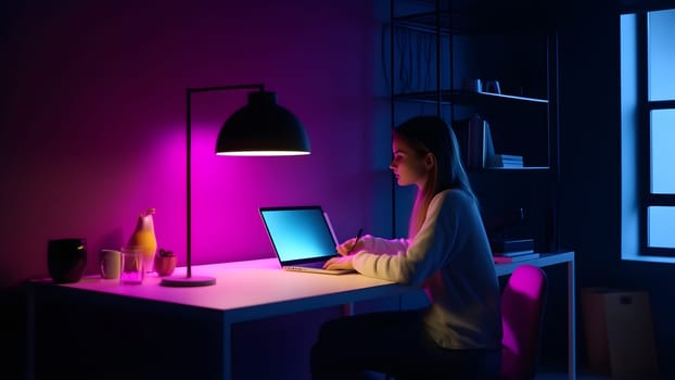 designer girl sitting at the table in front of laptop in home office at evening. Neural network generated in May 2023. Not based on any actual person, scene or pattern.