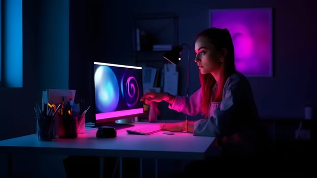 designer girl sitting at the table in front of computer in home office at evening. Neural network generated in May 2023. Not based on any actual person, scene or pattern.