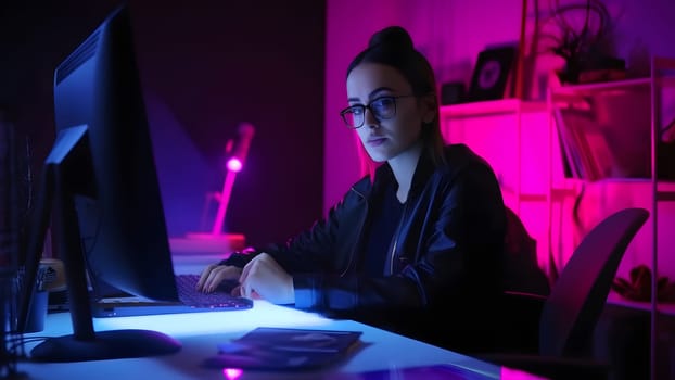 designer girl sitting at the table in front of computer in home office at evening. Neural network generated in May 2023. Not based on any actual person, scene or pattern.