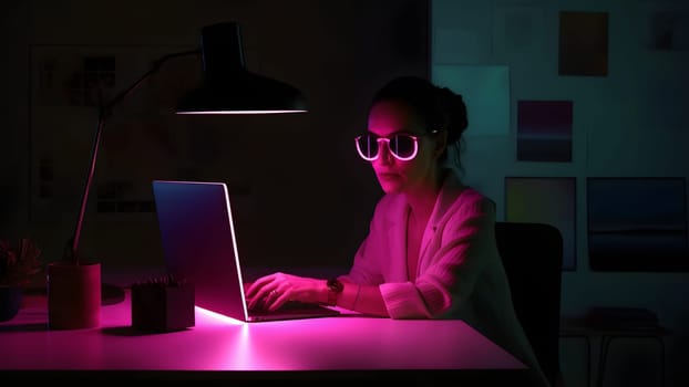 designer girl sitting at the table in front of laptop in home office at evening. Neural network generated in May 2023. Not based on any actual person, scene or pattern.