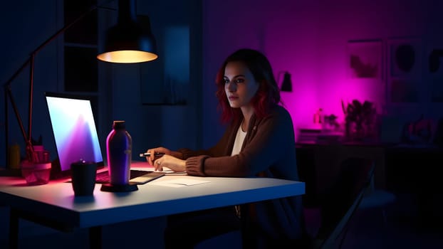 woman designer sitting at the table in front of laptop in home office at evening. Neural network generated in May 2023. Not based on any actual person, scene or pattern.