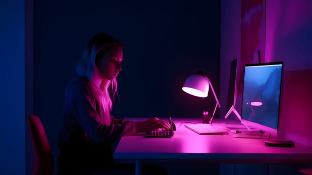 designer girl sitting at the table in front of computer in home office at evening. Neural network generated in May 2023. Not based on any actual person, scene or pattern.
