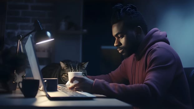 african american guy using laptop at working table with his cat at night in home office. Neural network generated in May 2023. Not based on any actual person or scene.
