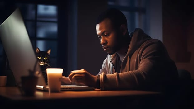 african american guy using laptop at working table with his cat at night at home office. Neural network generated in May 2023. Not based on any actual person or scene.