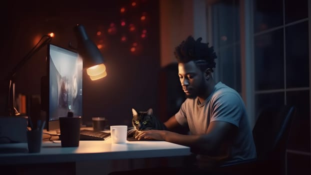african american man using computer with his cat at night at home office. Neural network generated in May 2023. Not based on any actual person or scene.