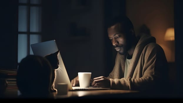 african american guy using laptop at working table with his cat at night at home office. Neural network generated in May 2023. Not based on any actual person or scene.