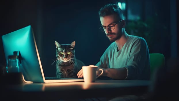 caucasian young adult man using laptop at working table with his cat at night at home office. Neural network generated in May 2023. Not based on any actual person or scene.