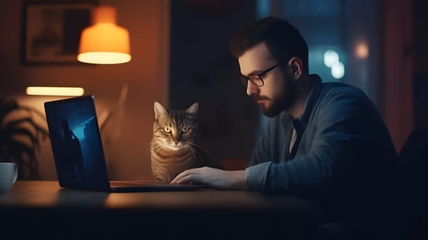 caucasian young adult man using laptop at working table with his cat at night at home office. Neural network generated in May 2023. Not based on any actual person or scene.