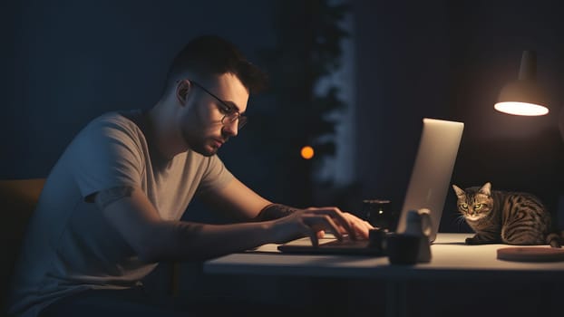 young adult caucasian man using laptop at working table with his cat at night at home office. Neural network generated in May 2023. Not based on any actual person or scene.