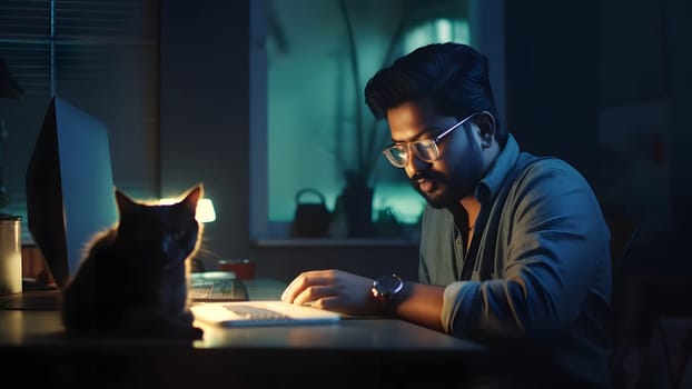 young hindustani young adult man using computer at working table with his cat at night at home office. Neural network generated in May 2023. Not based on any actual person or scene.