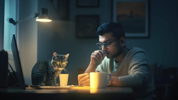 young hindustani young adult man using laptop at working table with his cat at night at home office. Neural network generated in May 2023. Not based on any actual person or scene.