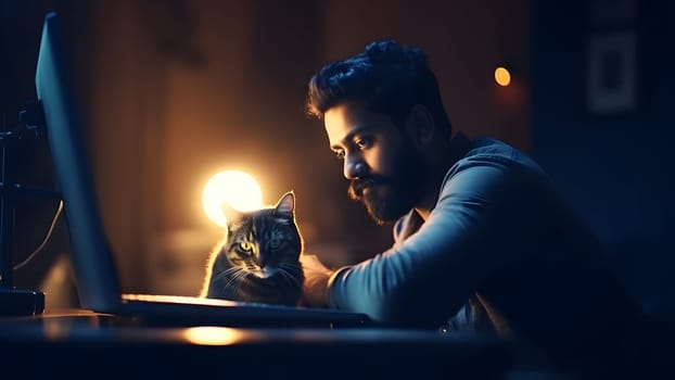 young hindustani young adult man using computer at working table with his cat at night at home office. Neural network generated in May 2023. Not based on any actual person or scene.