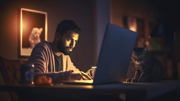 young hindustani young adult man using laptop pc at working table with his cat at night at home office. Neural network generated in May 2023. Not based on any actual person or scene.