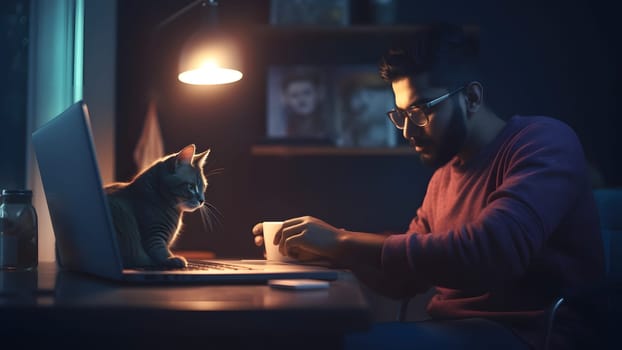 young hindustani young adult man using laptop pc at working table at night at home office with cat. Neural network generated in May 2023. Not based on any actual person or scene.