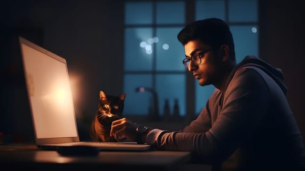 young hindustani young adult man using laptop pc at working table at night at home office with cat. Neural network generated in May 2023. Not based on any actual person or scene.