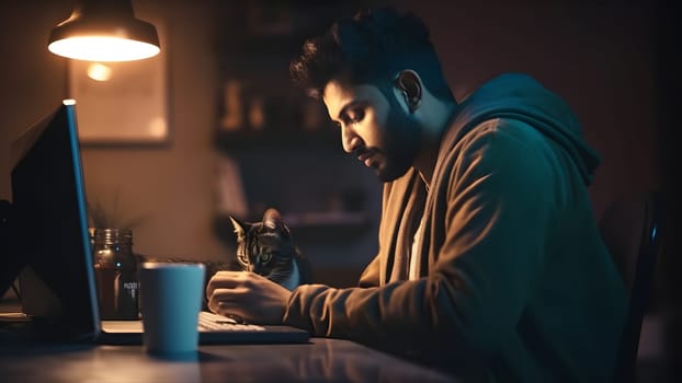 young hindustani young adult man using laptop pc at working table at night at home office with cat. Neural network generated in May 2023. Not based on any actual person or scene.
