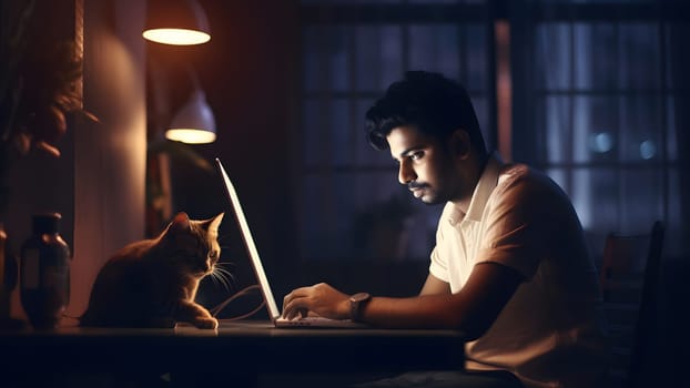 young hindustani young adult man using laptop pc at working table at night at home office with his cat. Neural network generated in May 2023. Not based on any actual person or scene.