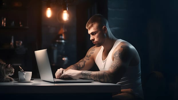 buff caucasian man in white singlet using laptop pc at late evening in home office with his cat. Neural network generated in May 2023. Not based on any actual person, scene or pattern.