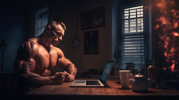 gorgeous buff caucasian shirtless man in white singlet using laptop pc at late evening in home office. Neural network generated in May 2023. Not based on any actual person or scene.