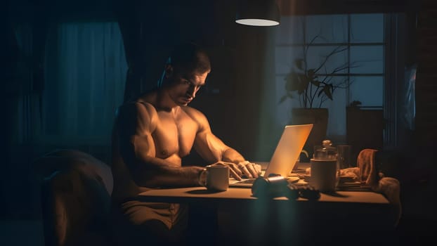 gorgeous buff caucasian shirtless man in white singlet using laptop pc at late evening in home office. Neural network generated in May 2023. Not based on any actual person or scene.