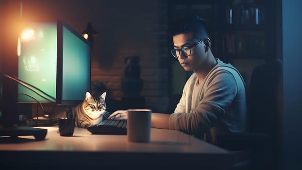asian young adult man sitting in front of computer monitor at the table at night with his cat in home office. Neural network generated in May 2023. Not based on any actual person or scene.