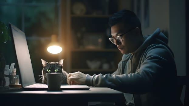adult asian man sitting in front of laptop computer at the table at night with his cat in home office. Neural network generated in May 2023. Not based on any actual person or scene.