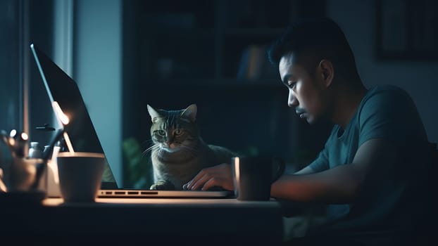 adult asian man sitting in front of laptop computer at the table at night with his cat in home office. Neural network generated in May 2023. Not based on any actual person or scene.