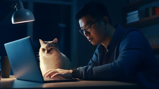 adult asian man sitting in front of laptop computer at the table at night with his cat in home office. Neural network generated in May 2023. Not based on any actual person or scene.