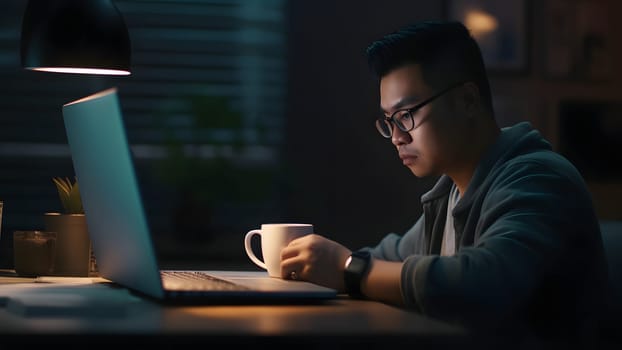 young adult asian man sitting in front of laptop computer at the table at night with cup of coffee in home office. Neural network generated in May 2023. Not based on any actual person or scene.