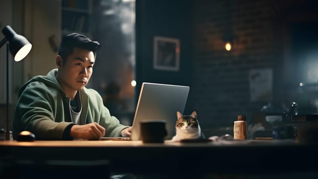 adult asian man sitting in front of laptop computer at the table at night with his cat in home office. Neural network generated in May 2023. Not based on any actual person or scene.