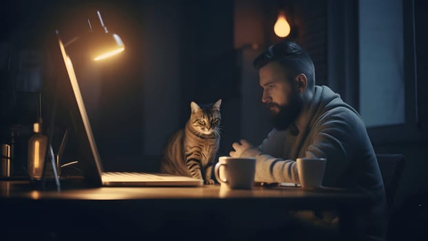 caucasian young adult man using laptop at working table with his cat at night at home office. Neural network generated in May 2023. Not based on any actual person or scene.
