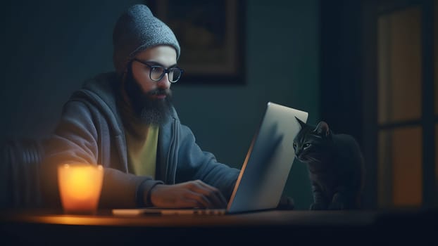 caucasian young adult man using laptop at table with his cat at night at home office. Neural network generated in May 2023. Not based on any actual person or scene.