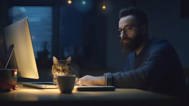 caucasian young adult man using computer at working table with his cat at night at home office. Neural network generated in May 2023. Not based on any actual person or scene.
