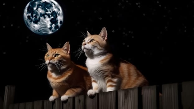 couple of adorable cats sitting on fence in front of full moon night sky. Neural network generated in May 2023. Not based on any actual person, scene or pattern.