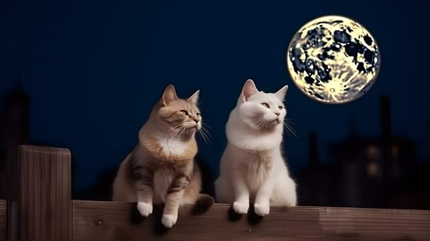couple of adorable cats sitting on fence in front of full moon night sky. Neural network generated in May 2023. Not based on any actual person, scene or pattern.