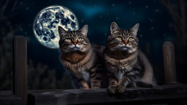 couple of adorable cats sitting on fence in front of full moon night sky. Neural network generated in May 2023. Not based on any actual person, scene or pattern.