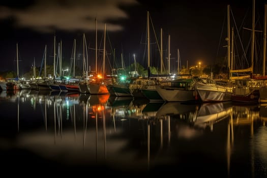 Boats in the harbor at night. Neural network generated in May 2023. Not based on any actual person, scene or pattern.