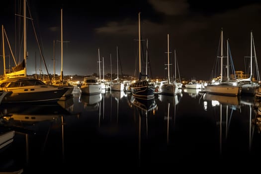 Boats in the harbor at night. Neural network generated in May 2023. Not based on any actual person, scene or pattern.